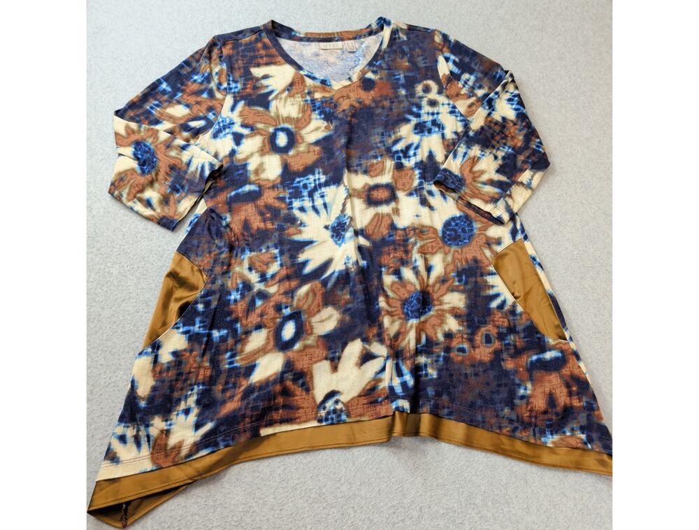 Lori Goldstein LOGO Shirt Watercolor LG Satin Trim Tunic Abstract Floral Artsy